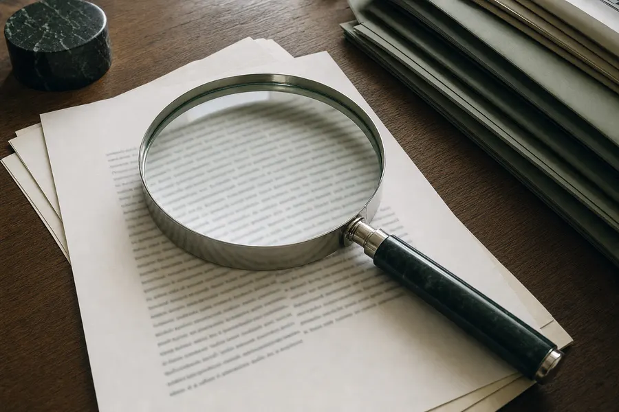 Carpetas de documentos apiladas con una lupa encima